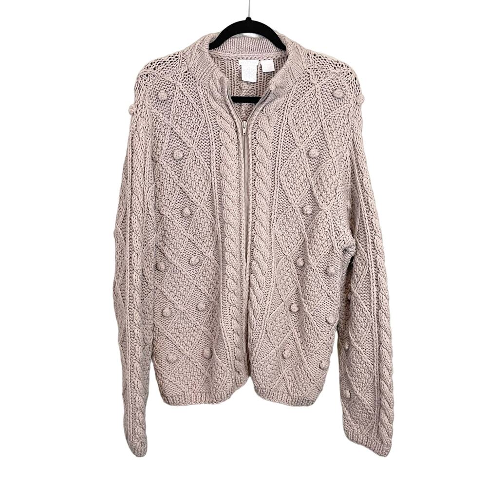 Hand Knit Sweater Women Medium Beige Wool Long Sleeve Full Zip Cable Chunky Knit